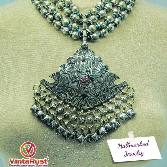 Vintage Beaded Necklace With Pendant, Statement Necklace, Antique Necklace - Picture 1 of 9